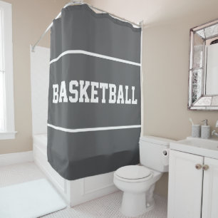 Fun BASKETBALL White Text Stripes On Modern Gray Shower Curtain