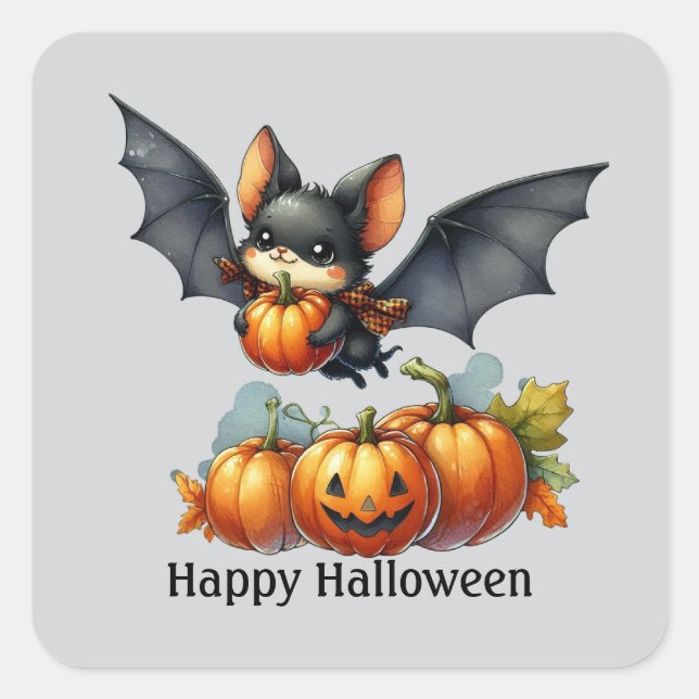 Fun Bat Happy Halloween customisable Square Sticker (Front)