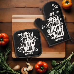 Fun BBQ #1 Super Rad Grillin' Dad Custom Name Oven Mitt & Pot Holder Set