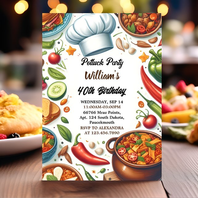 Fun Bbq Taco Chef Soup Potluck Party 40th Birthday Invitation (Creator Uploaded)