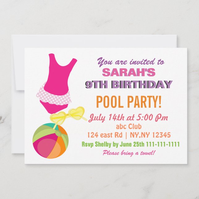 Fun Beach Ball flipflop girls Pool Party Invites (Front)