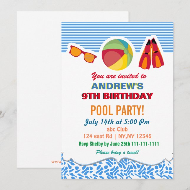 Fun Beach Ball Flippers Boys Pool Party Invitation (Front/Back)