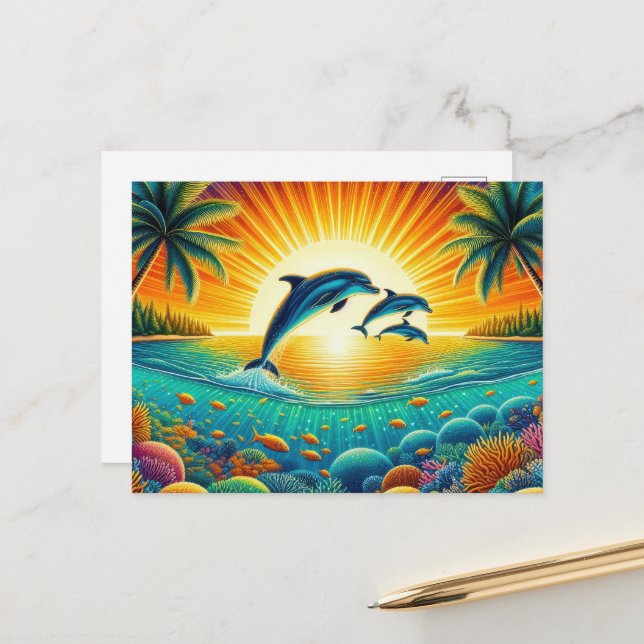 Fun beach dolphin lovers postcard (Front/Back In Situ)