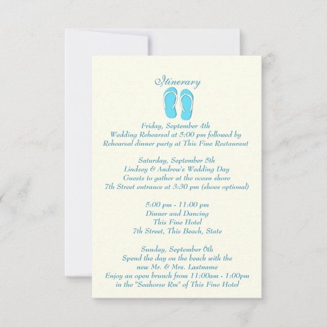 Fun Beach Flip Flops Blue Wedding Intinerary Invitation (Front)