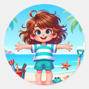 Fun beach kid scene  classic round sticker