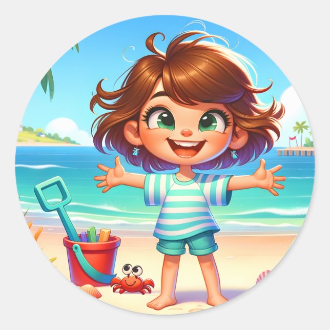 Fun beach kid scene classic round sticker (Front)