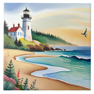 Fun beach lighthouse lovers tile