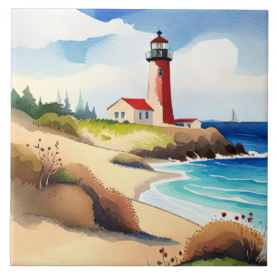 Fun beach lighthouse lovers tile
