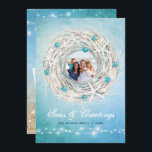 Fun Beach Photo Coastal Christmas Wreath Holiday Card<br><div class="desc">Create your own DIY beautiful beach Christmas cards personalised with 3 photos! This unique design illustrated by Raphaela Wilson features a unique watercolor coastal Christmas wreath - beach style with white starfish shells, blue holiday tree bulbs; white rustic string lights, golden sand and peaceful ocean waves... All the beach style...</div>