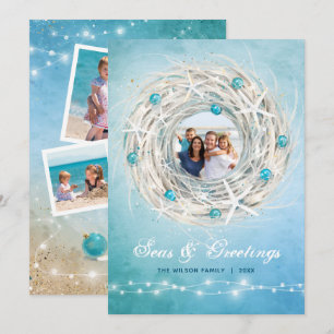 Fun Beach Photo Coastal Christmas Wreath Holiday Card
