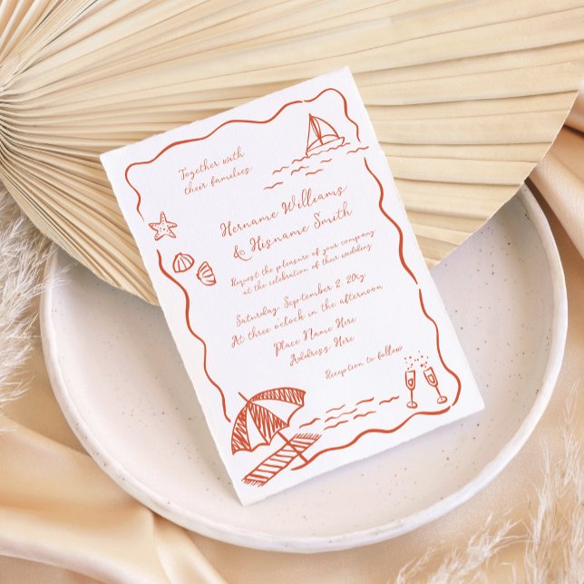 Fun Beach Red Whimsical Sketch Hand Drawn Wedding Invitation (Creator Uploaded)