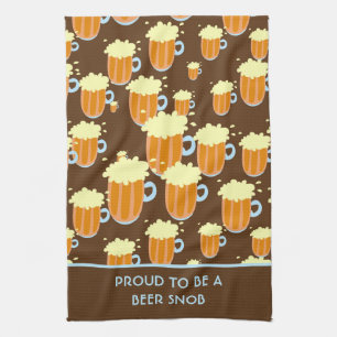Fun Beer Snob Pattern on Brown and Blue Tea Towel