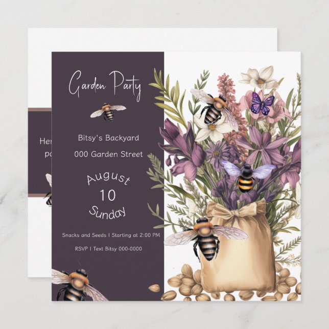Fun Bees Butterflies and Flower Seeds Invitation (Front/Back)