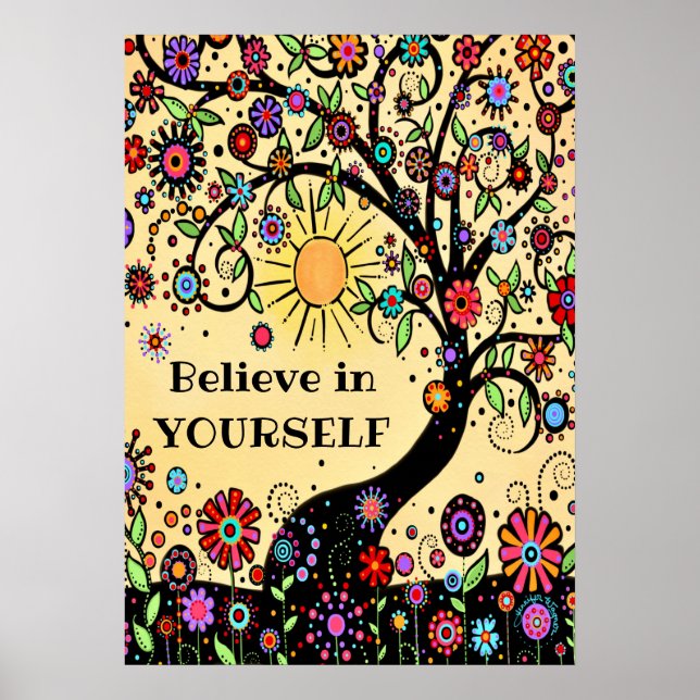 Fun “Believe in Yourself” Cheerful Tree Classroom Poster (Front)