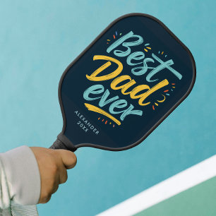 Fun Best Dad Ever Simple Navy Blue Yellow Script Pickleball Paddle