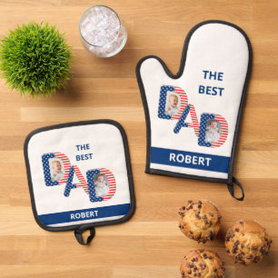 Fun Best DAD Two Photos Name Red White and Blue Oven Mitt & Pot Holder Set