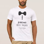 Fun Best Man Black Tie Mock Tuxedo Wedding T-Shirt<br><div class="desc">These fun t-shirts are designed as favours or gifts for your best man. The t-shirt is white and features an image of a black bow tie and three buttons. The text reads Best Man, and has a place to enter the his name as well as the wedding couple's name and...</div>