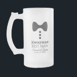 Fun Best Man Black Tie Tuxedo Frosted Beer Mug<br><div class="desc">This fun frosted beer mug is designed as a gift or favour for your best man. It features an image of a black bow tie with three buttons, resembling a tuxedo. The text reads "Best Man" and has a place for his name, the couple's names and wedding date. Great way...</div>