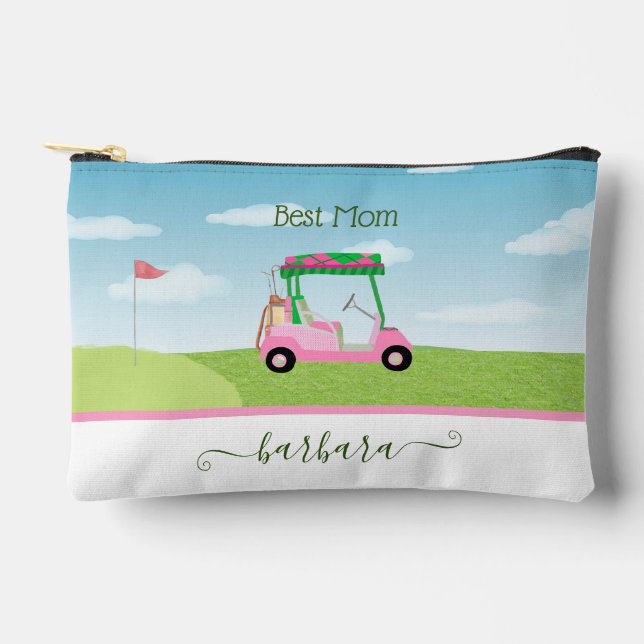 Fun Best Mum Pink Golf Cart Personalised Name Accessory Pouch (Front)