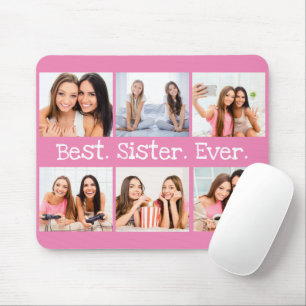 Fun Best Sister Ever 6 Photo Collage Pink White Mouse Mat