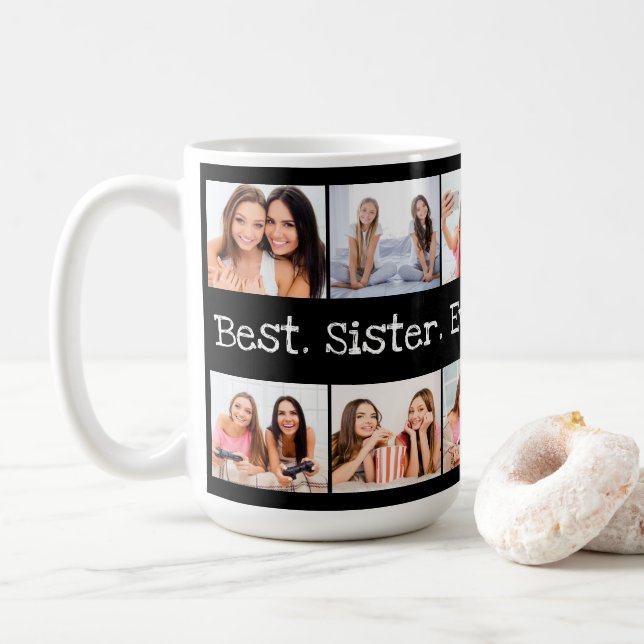 Fun Best Sister Ever Photo Collage Black and White Coffee Mug (With Donut)
