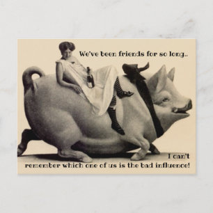 Fun BFF humour friendshipt laughs pig bottle woman Postcard