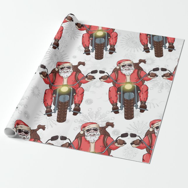 Fun Biker Santa Snowflake Wrapping Paper (Unrolled)