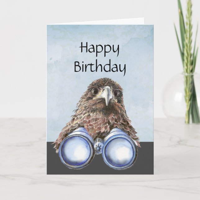 Fun Bird Watcher Birthday  Pun Hawk Binoculars  Holiday Card (Front)