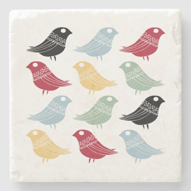 Fun Birds Danish Modern Retro Colourful Mid Centur Stone Coaster (Front)