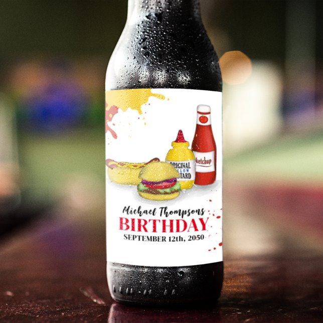 Fun Birthday BBQ Party Custom Beer Bottle Label (Whimsical birthday BBQ hamburger and hotdog beer labels. )