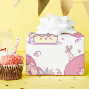 Fun Birthday Gift Wrap Cake & Hat Girl Theme