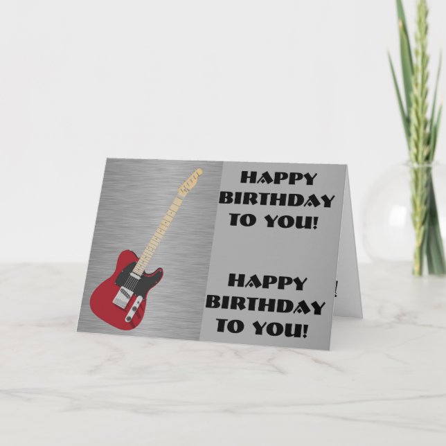 Fun, birthday greeting, black and red guitar. card (Front)