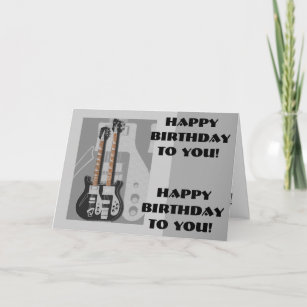Fun, birthday greeting, black and white guitar. card