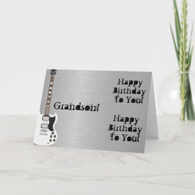 Fun, birthday greeting for grandson, white guitar. card (Front)