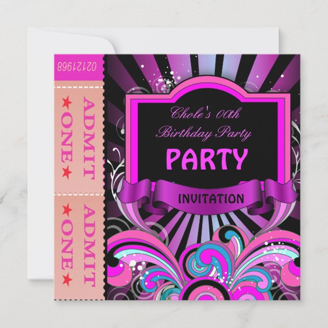Fun Birthday Party Girls Hot Pink Tickets Invitation (Front)
