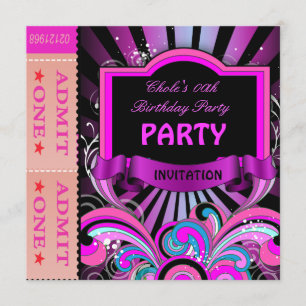 Fun Birthday Party Girls Hot Pink Tickets Invitation