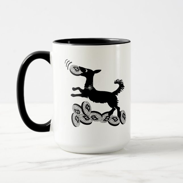 Fun Bitcoin Frisbee Catching Dog Mug (Left)