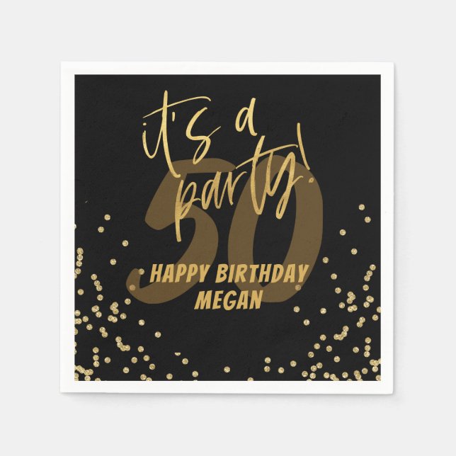 Fun Black and Gold Confetti 50th Birthday Party  Napkin (Front)
