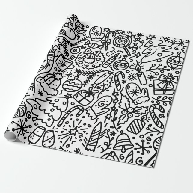 FUN BLACK AND WHITE CHRISTMAS DOODLE  WRAPPING PAP PAPER (Unrolled)