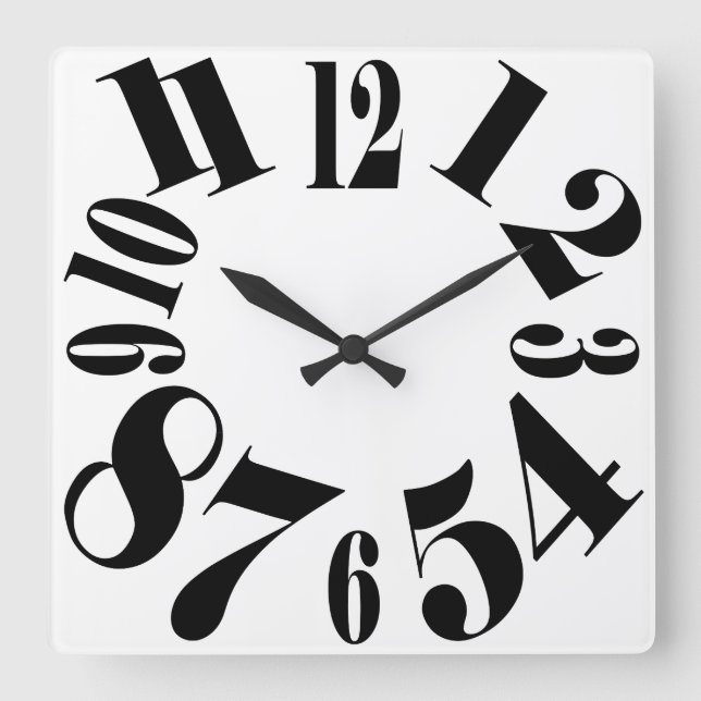 Fun Black and White Large Numbers Square Wall Clock (Front)