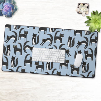 Fun Black and White Tuxedo Cat Pattern Blue Desk Mat