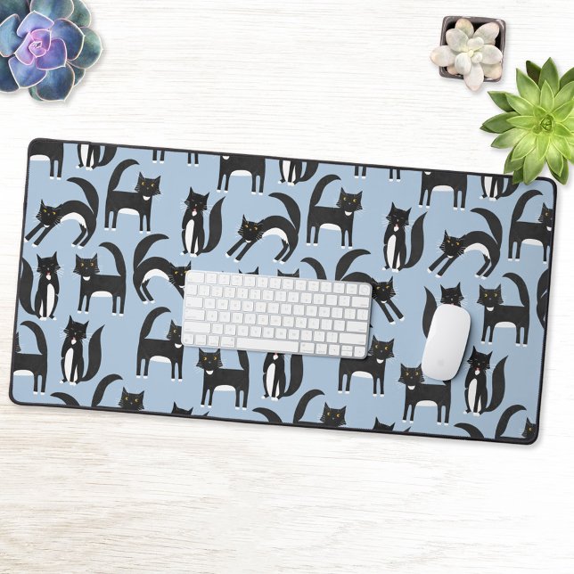 Fun Black and White Tuxedo Cat Pattern Blue Desk Mat (Black and white tuxedo cat pattern blue desk mat)