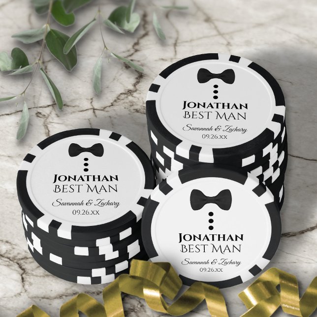 Fun Black Bow Tie & Buttons Best Man Wedding Poker Chips (In Situ With Wedding Decor)