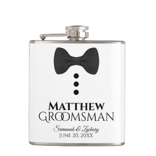 Fun Black Bow Tie Tuxedo Groomsman Wedding Hip Flask