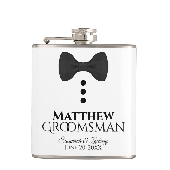 Fun Black Bow Tie Tuxedo Groomsman Wedding Hip Flask (Front)