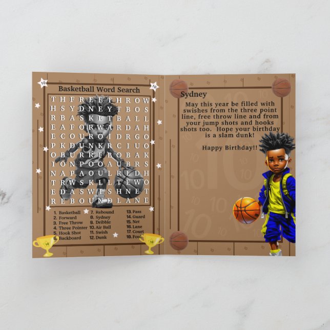 Fun Black Boys Basketball Word Search Birthday Card (Inside)