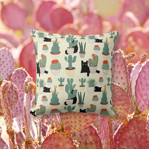 Fun Black Cat and Potted Cactus Botanical Floral Cushion