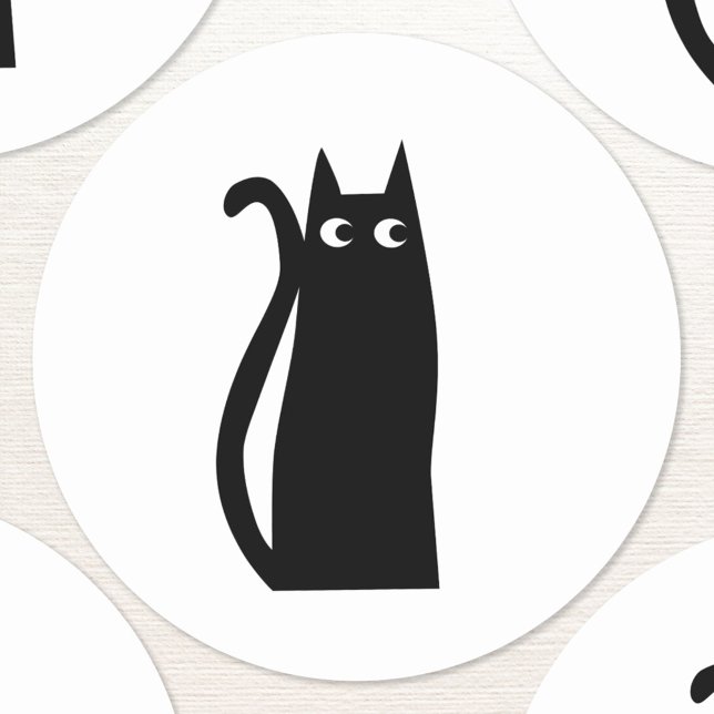 Fun Black Cat Classic Round Sticker (Fun black cat sticker or envelope seal)