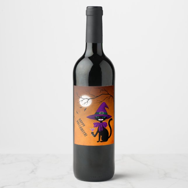 Fun Black Cat Drinking Wine Witch Hat Halloween Label (Front)