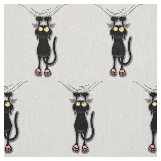 Fun Black Cat Falling Down Linen Fabric (Swatch)